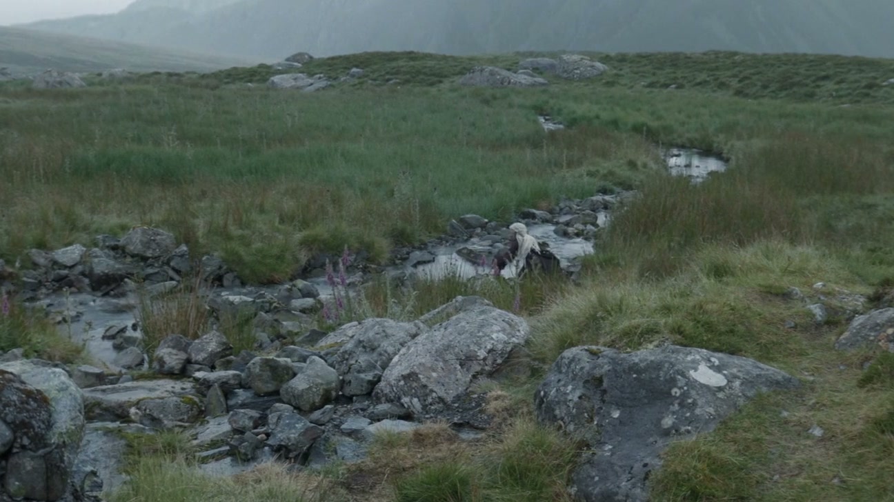 An empty moor with a stream running over rocks