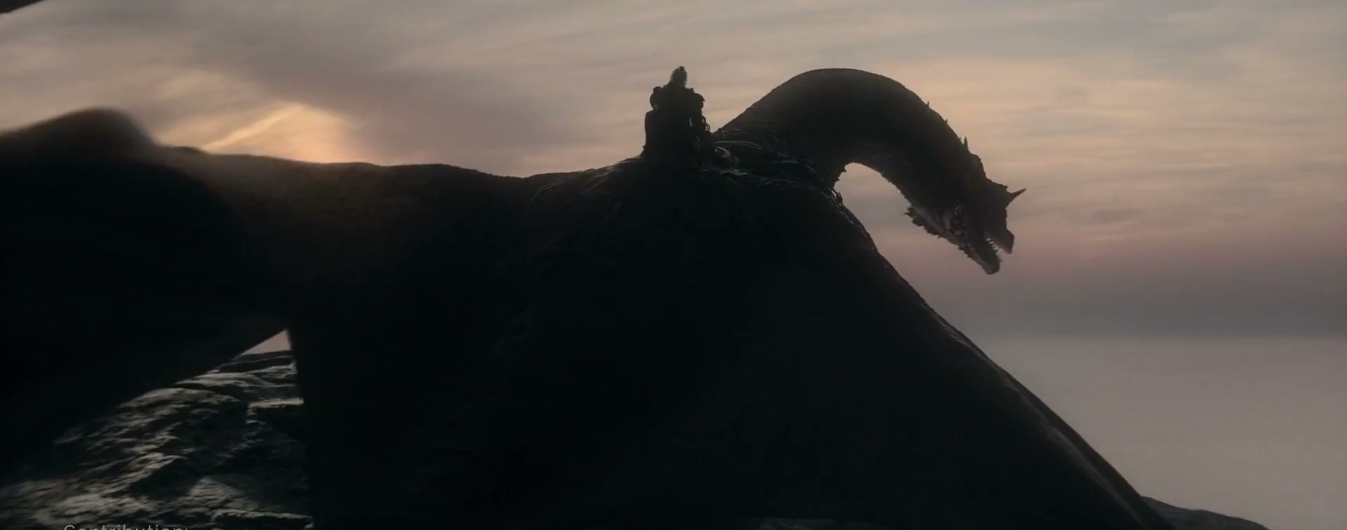 Matte painting: a dragon in flight over an ocean at dusk, from House of the Dragon