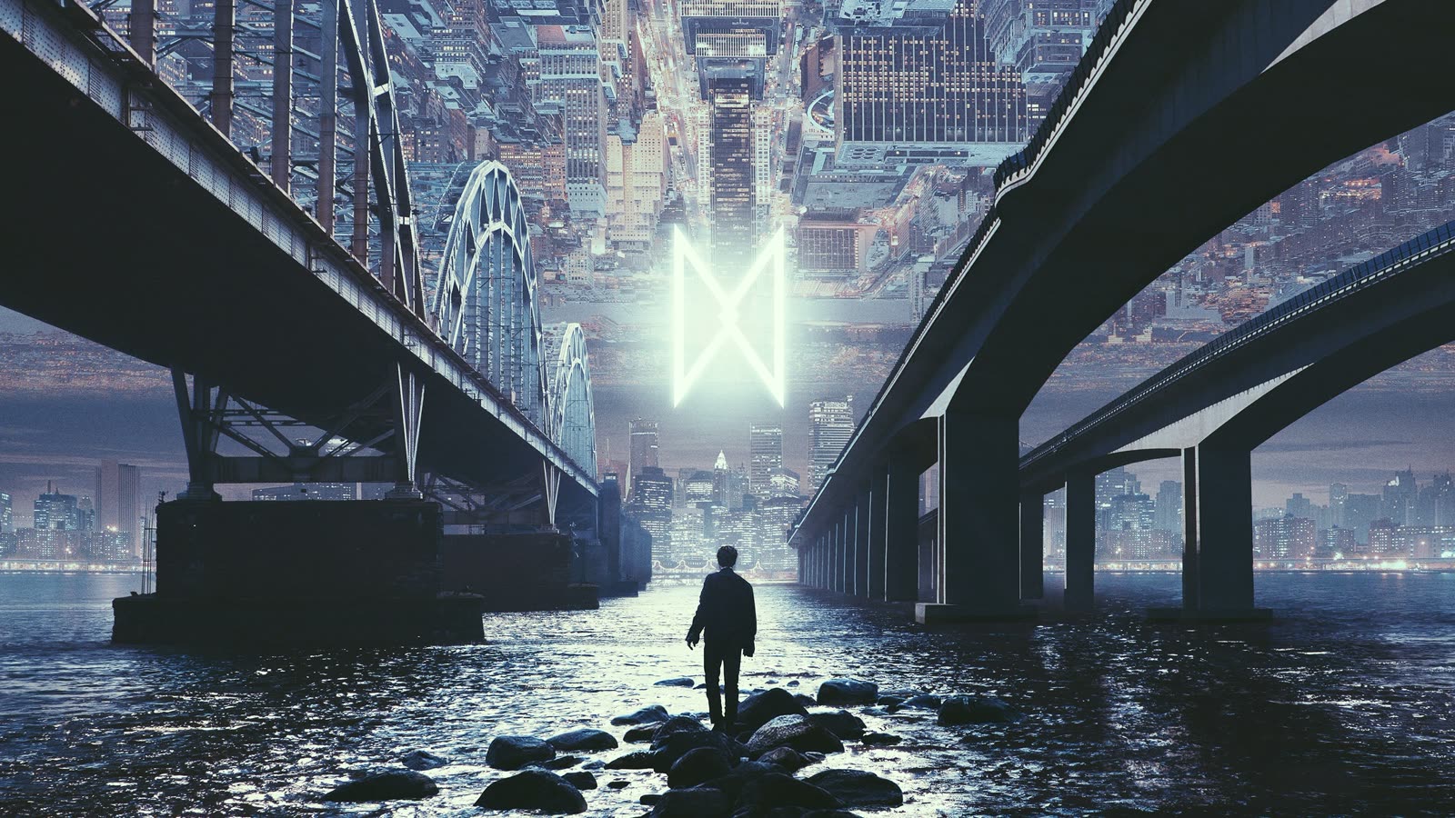 IMMERSIVE: a figure on a bridge in fog with a bright four-pointed star at the centre