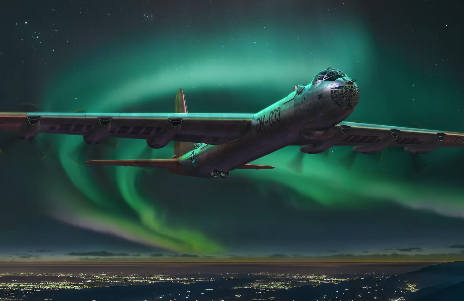 Box art: a Convair B-36 Peacemaker bomber in flight above clouds
